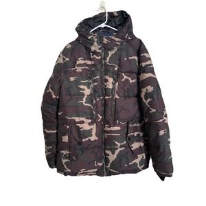 Rocawear Camouflage Puffer Jacket Hooded Full Zip Mens Large Streetwear Y2K Silk